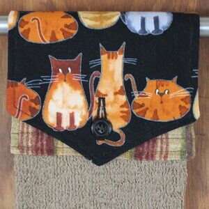 CAT NOVELTY HAND TOWEL BLACK & TAN HANDMADE HANGING KITCHEN TERRY CLOTH COTTON